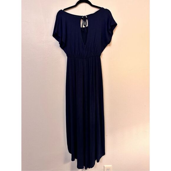 Love Blossom Womens Keyhole Tie Scoop Neck Waist A Line Dress Navy Blue Large - Picture 2 of 3